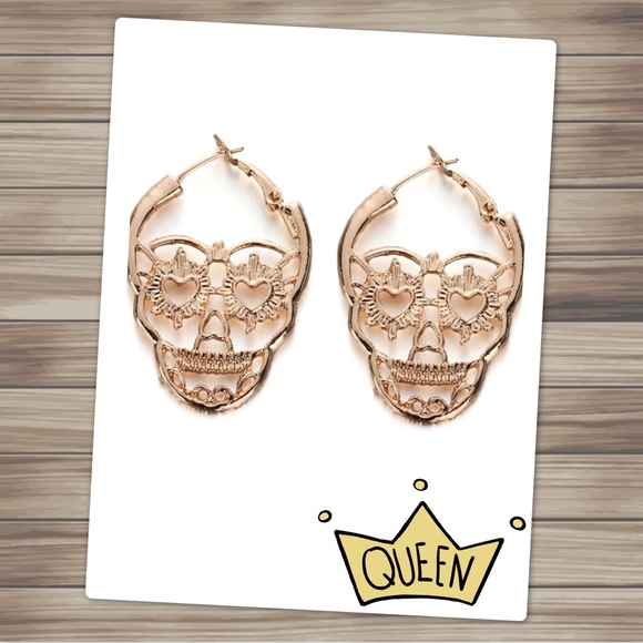Gold Punk Rock Skull Earrings Halloween - Picture 2 of 5